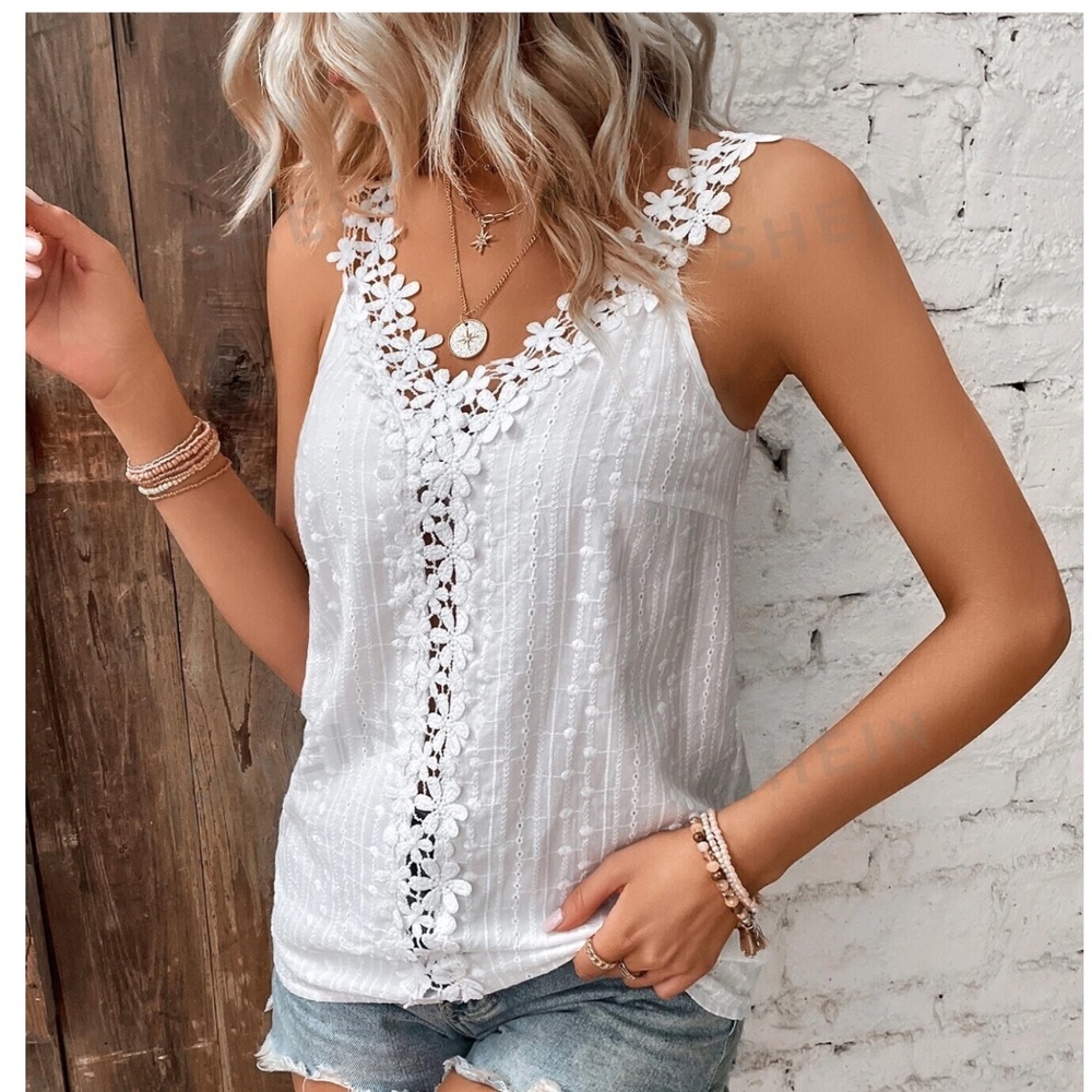 Women’s Tank Top White Lace Summer Shirt Eyelet Embroidered Tank Top #125 - Picture 5 of 7
